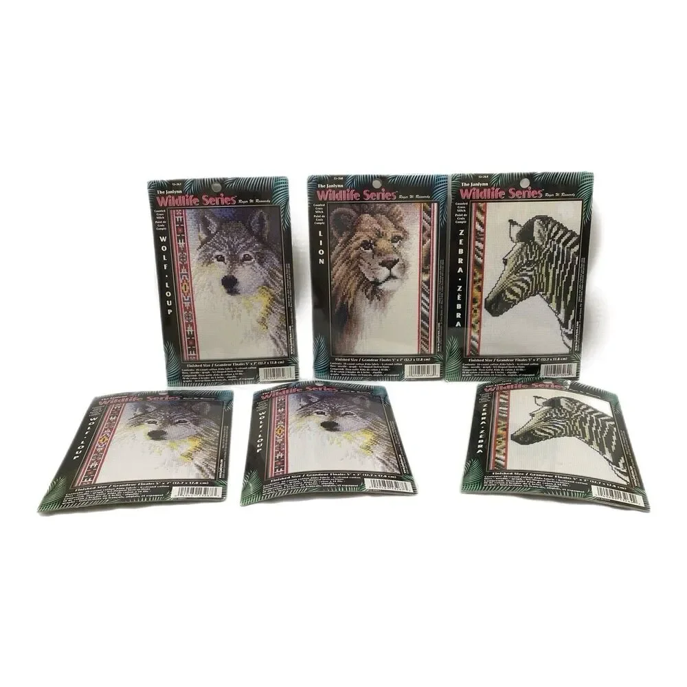 Lot Of 6 The Janlynn Wildlife Series Counted Cross Stitch - Lion, Zebra, Wolf